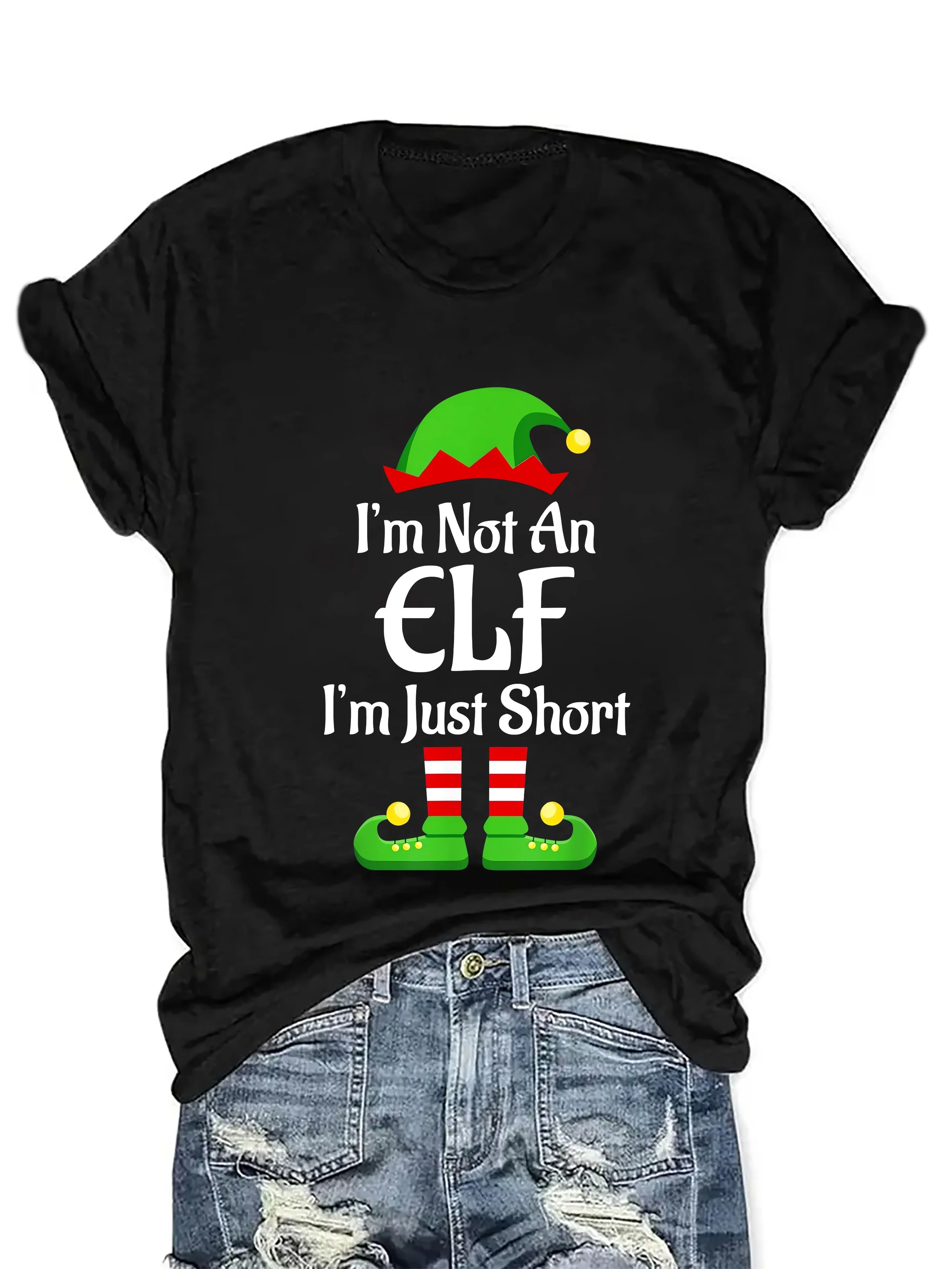 Festive Elf Graphic T-Shirt for Women Casual Round Neck Christmas Themed Short Sleeve Top Fashion Statement Shirt Casual Trend