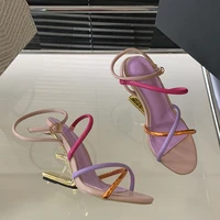 Aneikeh Summer Fashion Fretwork Heels Cross Striped Color Blocked High-heeled Sandals Women Ankle Buckle Strap Gladiator Shoes - Image 6