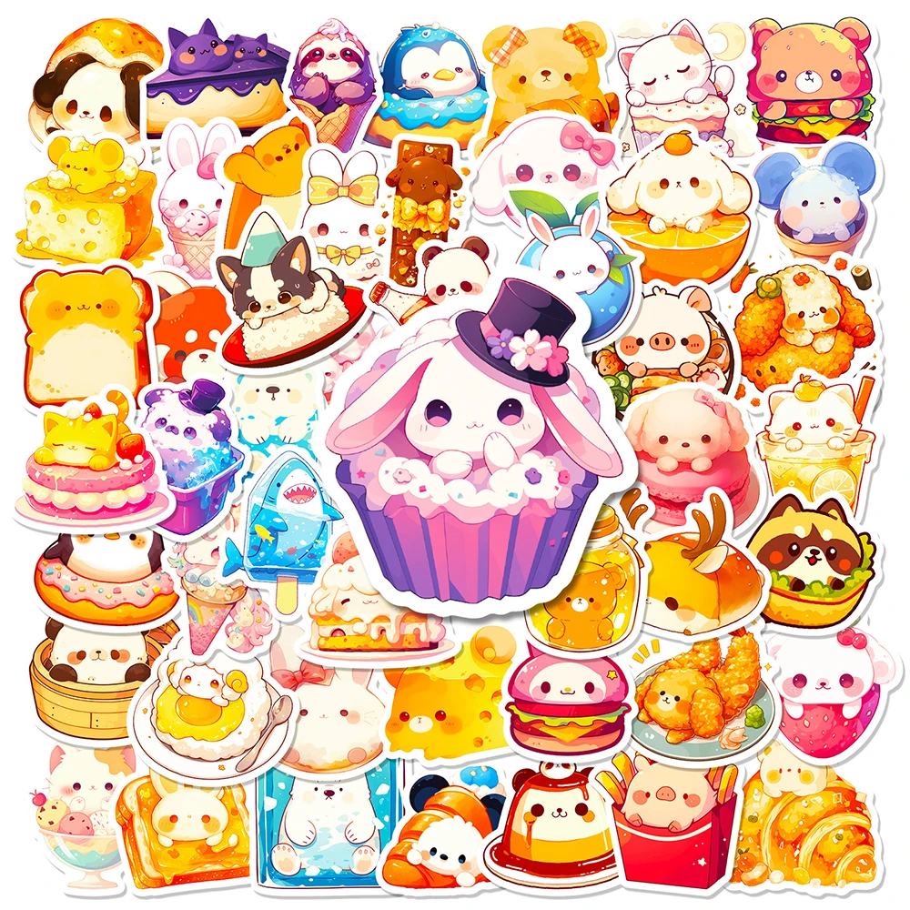 

10/30/50pcs Cute Cartoon Animal Food Stickers Kawaii Kids Sticker Toy DIY Water Bottle Phone Case Luggage Funny Graffiti Decals