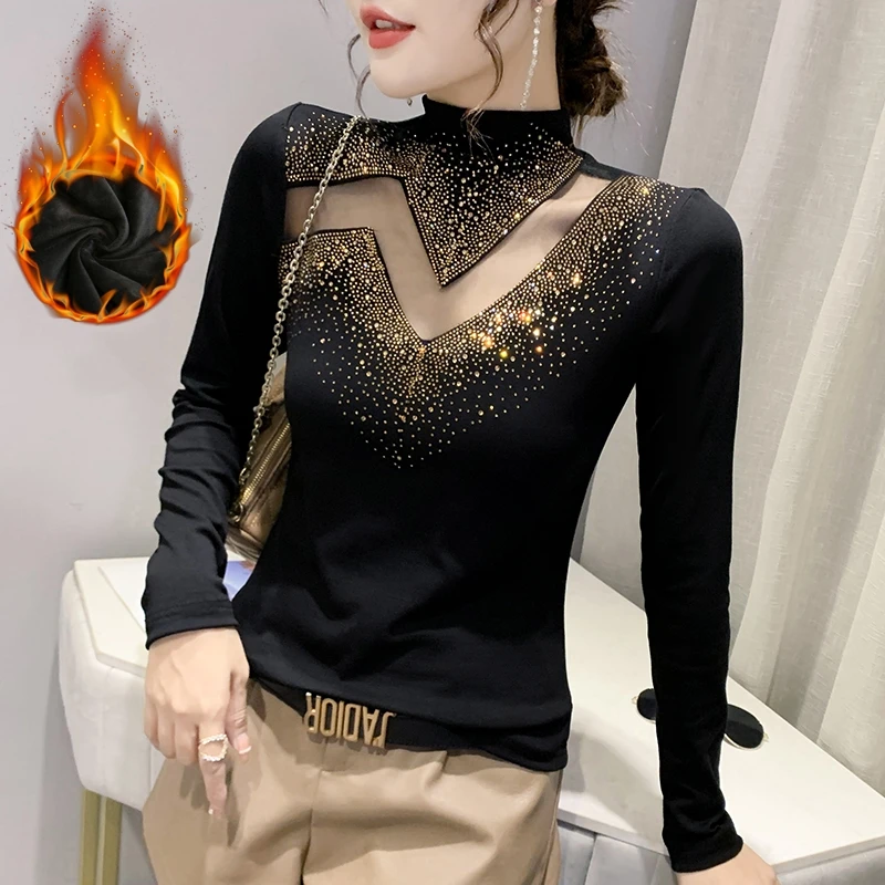 

Fall Winter European Clothes Brushed Cotton T-Shirt Sexy Hollow Out Patchwork Diamonds Women Tops Long Sleeve With Fleece Tees 0