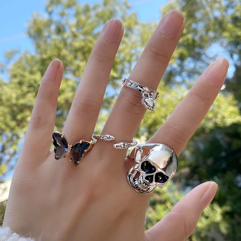 Silver Color Skull Heart Rings Set For Women Men Gothic Chain Retro Rings 2021 Trend Fashion Jewelry