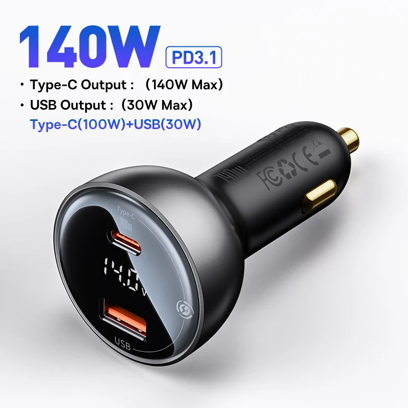 thumbnail image 1 of Cargador de coche Baseus 140W PD3.1, carga rápida QC3.0, carga rápida para MacBook Pro, portátil, USB tipo C, cargador de teléfono para coche para iPhone 16, 1 of 5