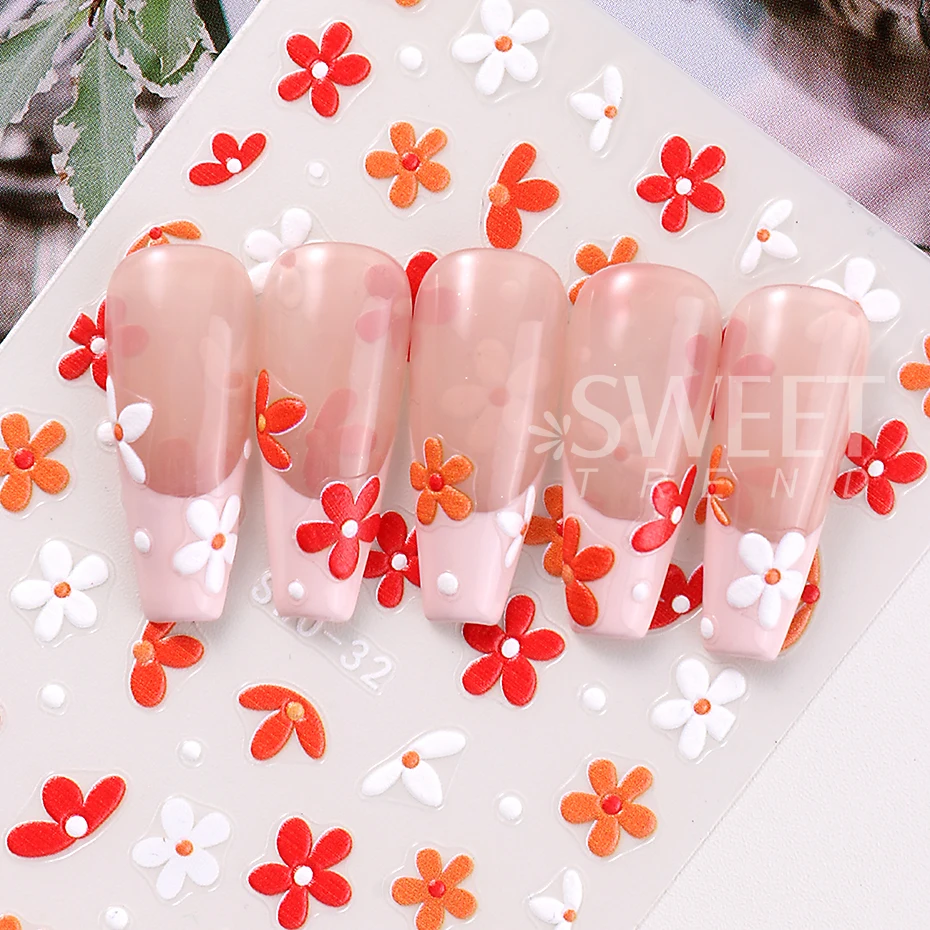 5D Cherry Bow Nail Art Sticker Y2K Heart Star 2/8 Ball Design Nail Decals Red Black Crazy French Floral DIY Manicure Decoration