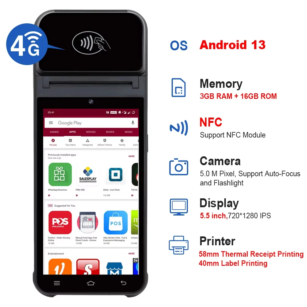 Z92 Android 13 Handheld Payment Terminal PDA Portable 58mm Thermal Printer With NFC Scanner Ticket Bill POS Machine POS System