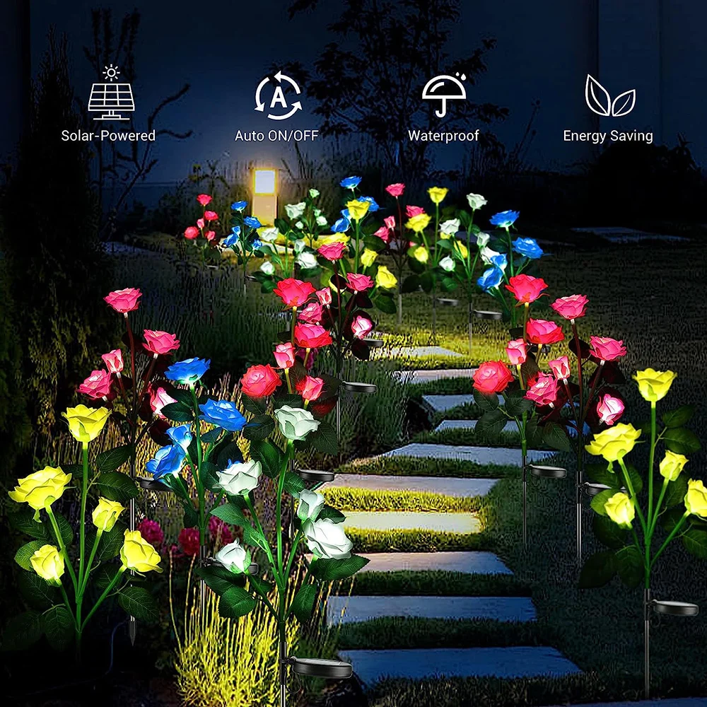 Solar Flower Light 5 Heads Rose Lawn Lamp Pathway Decorative Solar Waterproof for Outdoor Yard Patio Garden Landscape Decor 3