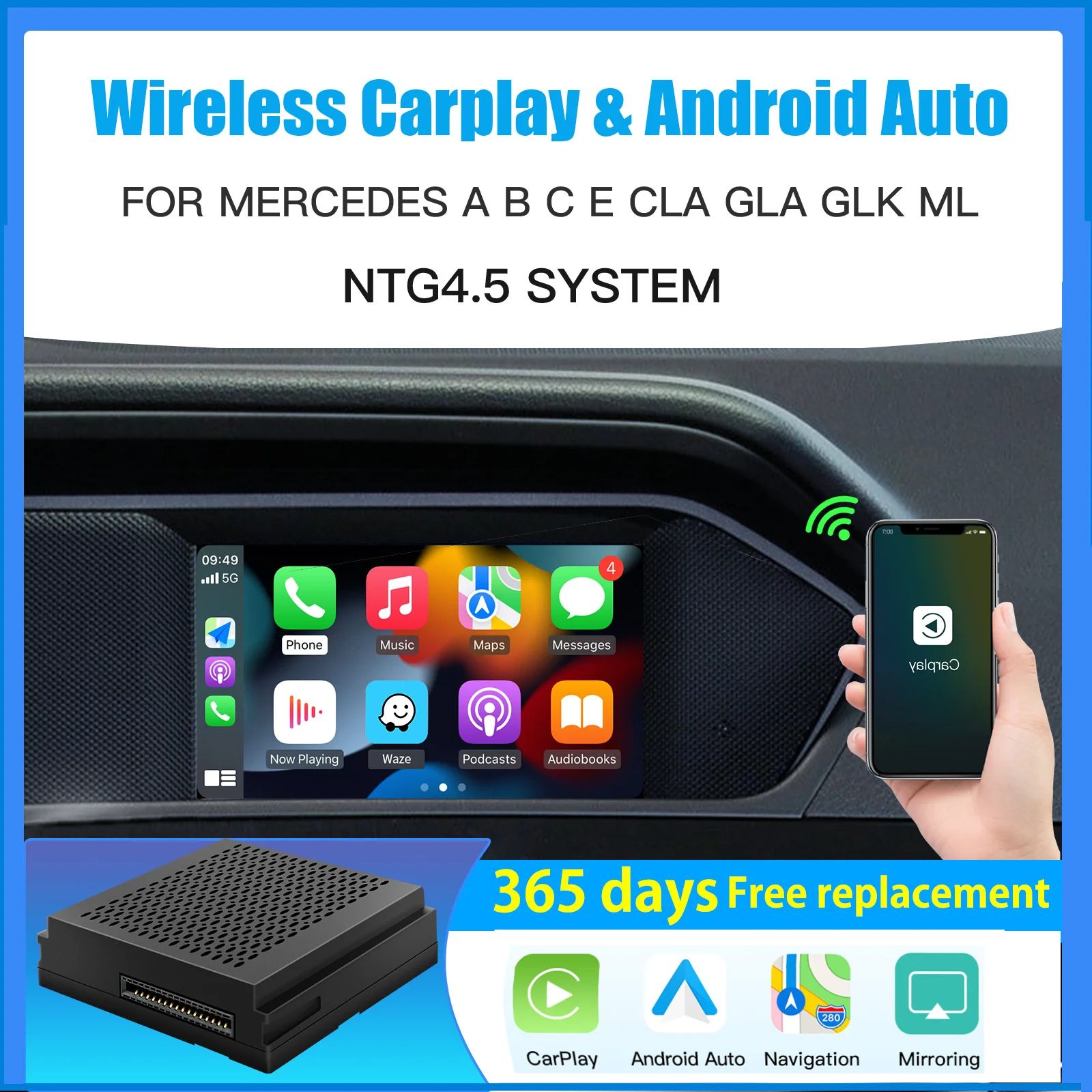 

Беспроводной Carplay, подходит для Mercedes Benz A B C E CLA GLA GLK ML Sprinter NTG4.5 Becker модуль Android, Автоматическая навигация