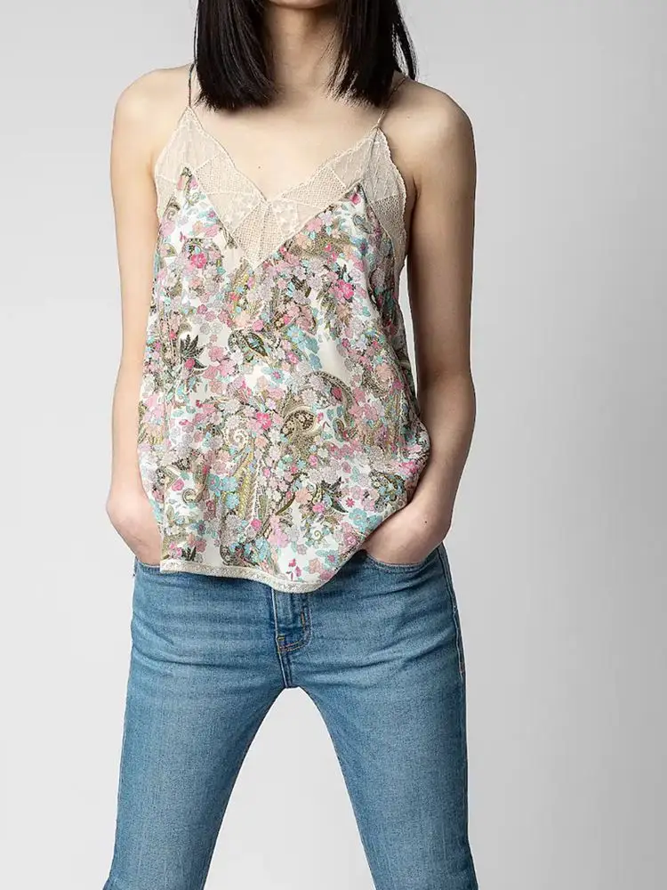 

2023 Spring and Summer New Floral Tops/lace Stitching Camisole/skirt/sling Dressjavascript: