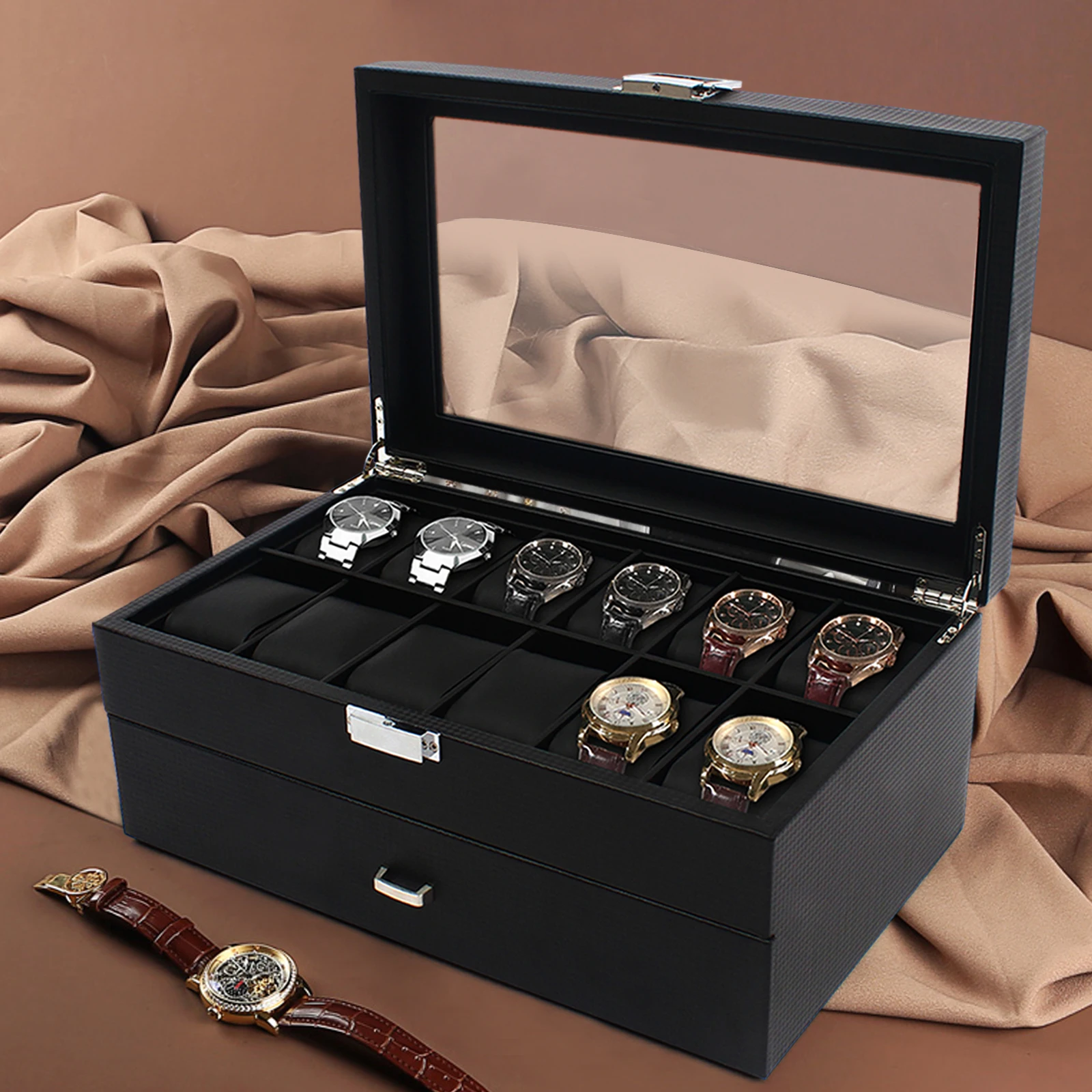 

Watch Box 24 Mens Case Glass Top Black and Display Organizer Lockable Meet Your Daily Storage Needs