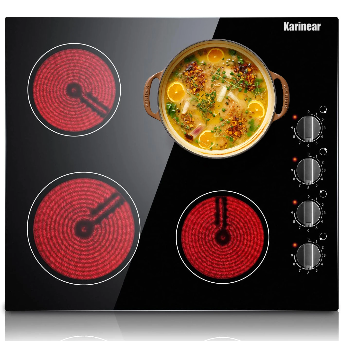 4 Burners Electric Cooktop 24 Inch Built-in 220-240v 6000W Knob Control Residual Heat Indicator