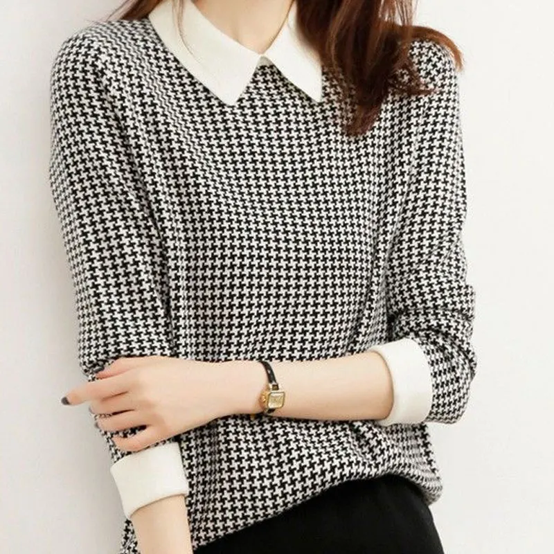 Vintage Sweet Peter Pan Collar Plaid Knitted Shirt Spring Autumn Long Sleeve Fashion Patchwork Women's Clothing Korean Blouse