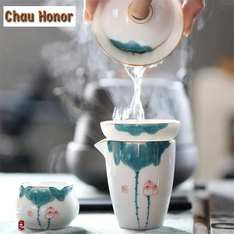 Lotus Hand Painted Pottery Kiln Cha Hai Ceramic Tea Separate Tool Kung Fu Tea Set Pigmented Fair Cups Heat Resistant Tea Service
