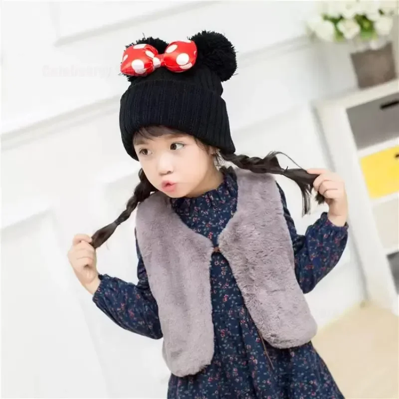 Disney Minnie Mouse Bow Knitted Hat for Boys Girls Winter Bonnet Hats Children's Cartoon Mickey Beanie Cap Kids Caps with Pompom