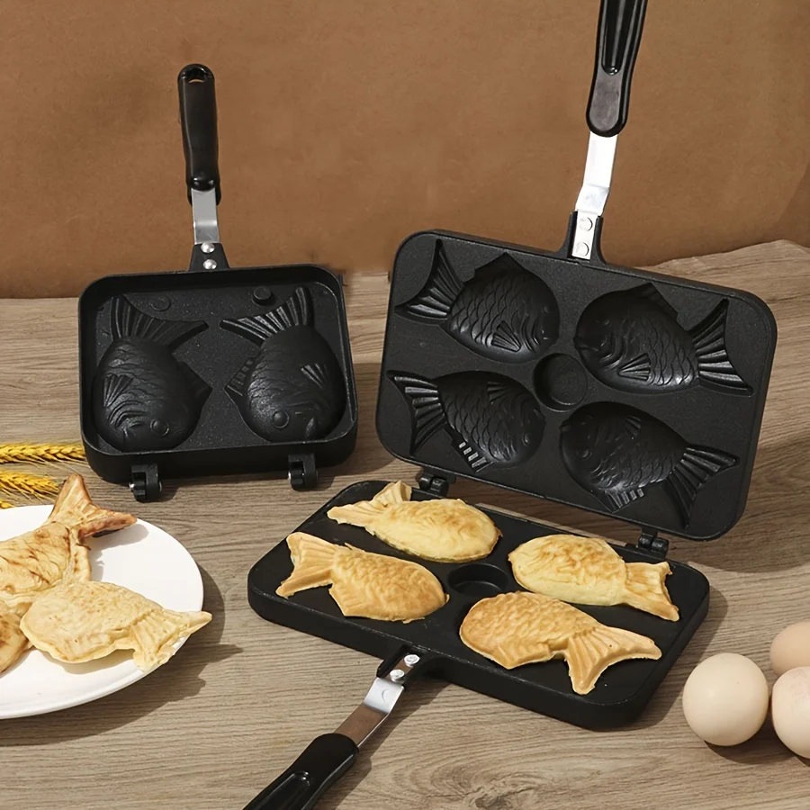 Taiyaki Fish Shape Waffle Maker Aluminum Alloy Double-Sided Uncoated 6-Cavity Mold Pan for Snacks Cakes Non-Stick Surface