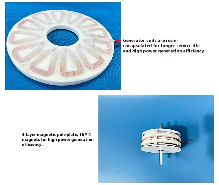 Double-layer stacked 300W * 2 permanent disk coreless generator with high effici