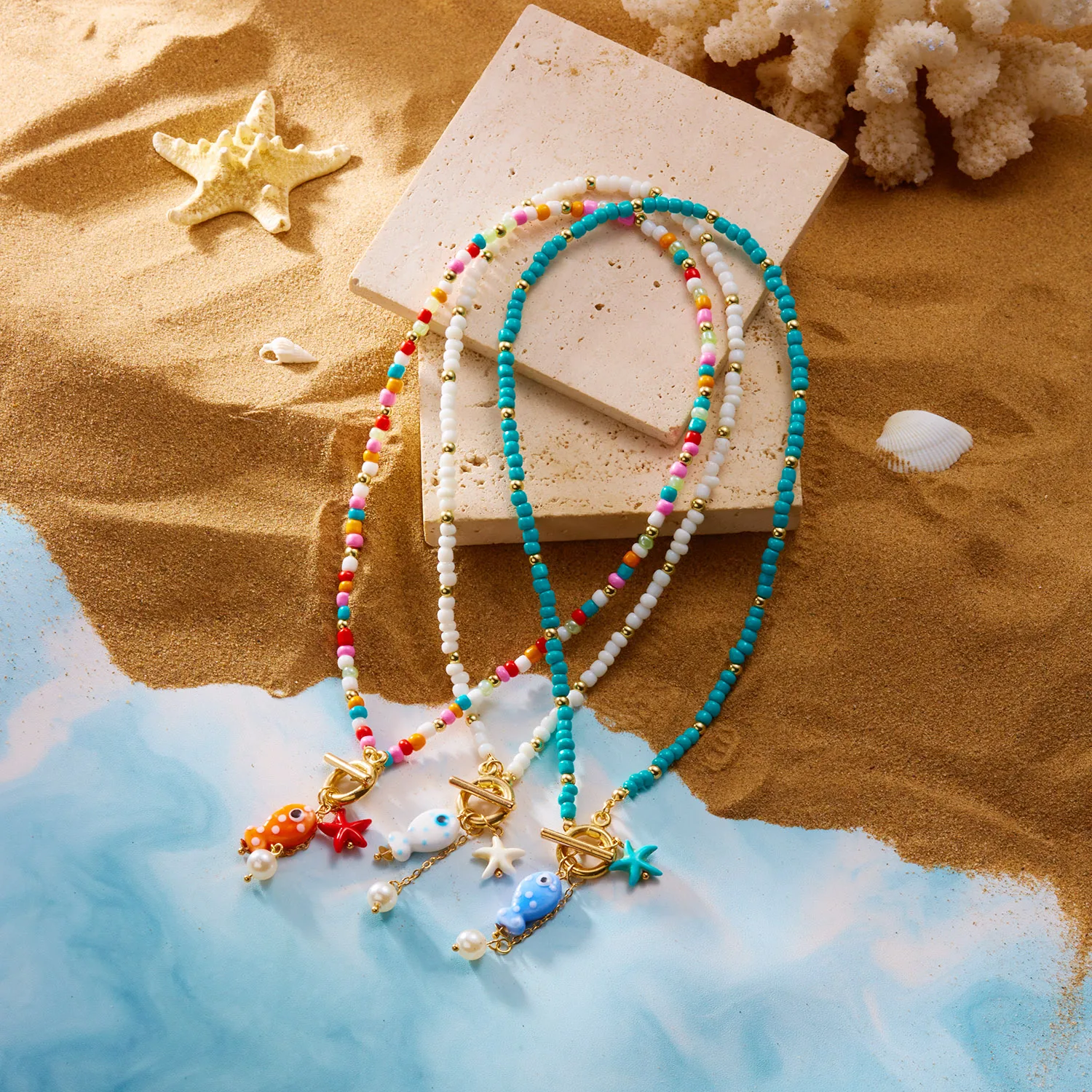 Bohemian Ceramic Fish & Starfish Pendant Necklaces for Women Men Colorful Rice Beaded Chain Necklaces Lightweight Beach Jewelry