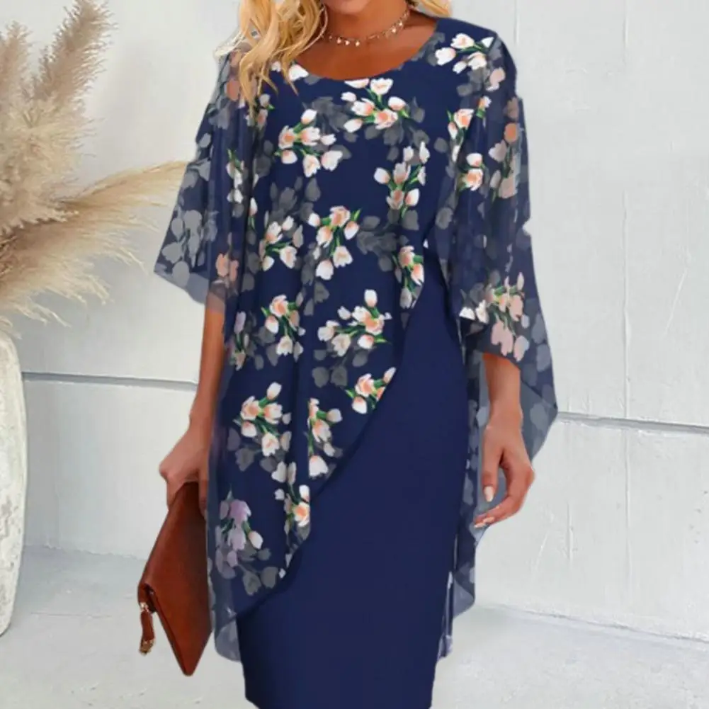 

Business Dress Elegant Floral Print Chiffon Midi Dress for Women Sheath Style with Half Sleeves Round Neckline for Formal