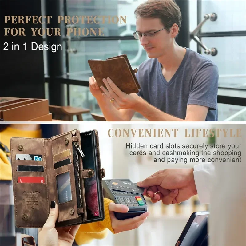 Luxury Leather Flip Wallet Phone Case with Zippered Card Holder