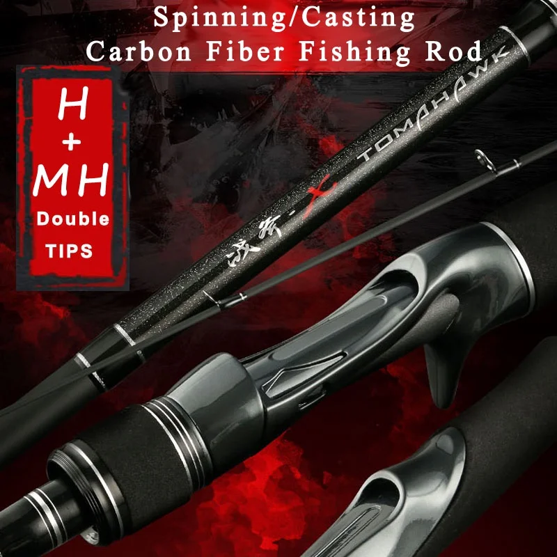 Goture H+MH Double Tips Spinning Casting Carbon Fiber Fishing Rod 1.8m 2.1m  2.4m Lure Rod For Saltwater Freshwater