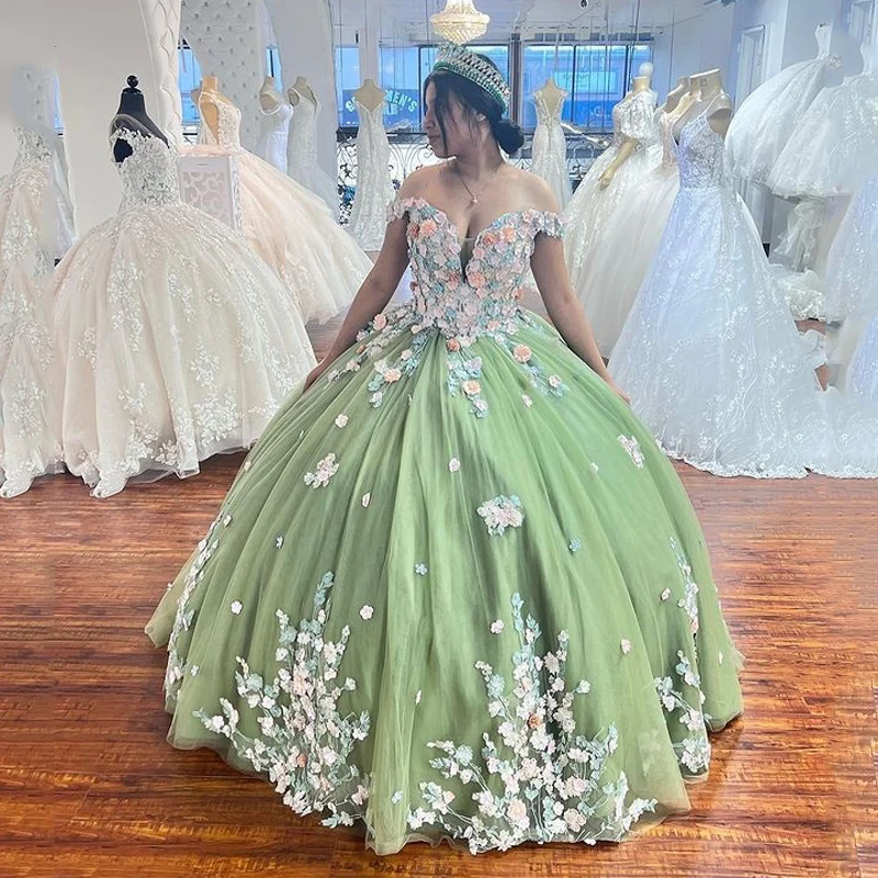 

Sage Green 3D Flowers Floral Appliques Lace Quinceanera Dresses Ball Gown Off The Shoulder Corset Vestidos De XV Anos