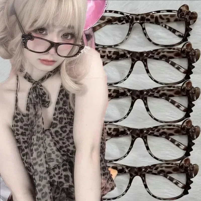 Y2K Leopard Print Eyeglass Frame Women Girls Retro Bow Tie Comfortable Eye Glasses Cute Cosplay Party Eyeglasses Fashion Gifts