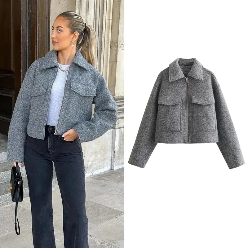 TRAF-Veste Courte en Tweed pour Femme, Manteau Court avec Fermeture Éclair, Demi-saison, Nouvelle Collection Automne Hiver