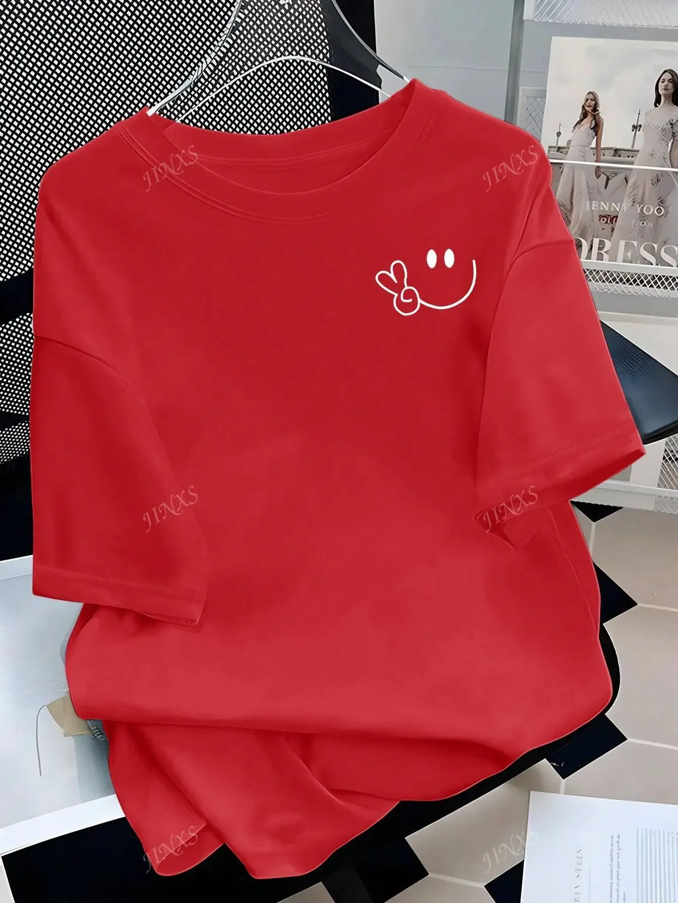 Stylish Tee with Adorable Smile and Peace Sign Design Ideal for Curvy Ladies into Playful Fashion 3