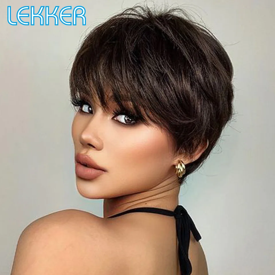 

Lekker Wear and Go Natural Brown Short Pixie Cut Straight Human Hair Wig With Bangs For Women Brazilian Remy Hair Easy Bob Wigs