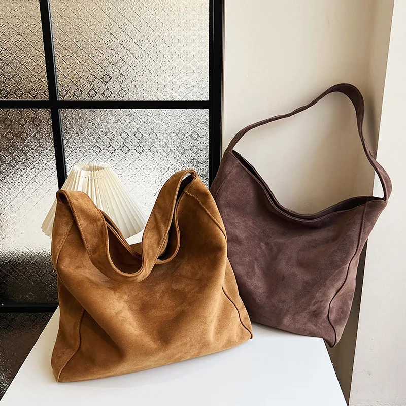 Vintage Soft Faux Suede Handbag Magnetic Clasp Fixed Strap, Machine Washable Tote Bag for Women's Work, Travel, Shoulder Purse