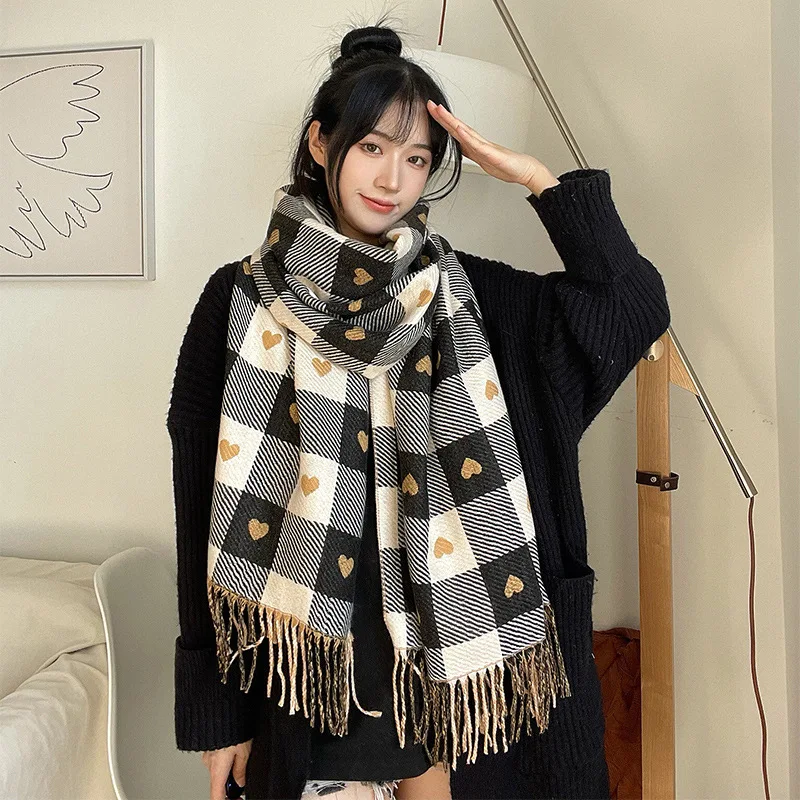 Fall Winter Imitation Cashmere Women's Double-sided Love Plaid Scarf Korean Tassel Warm Large Shawl Versatile Thick Wrap 2025 ﻿ 2