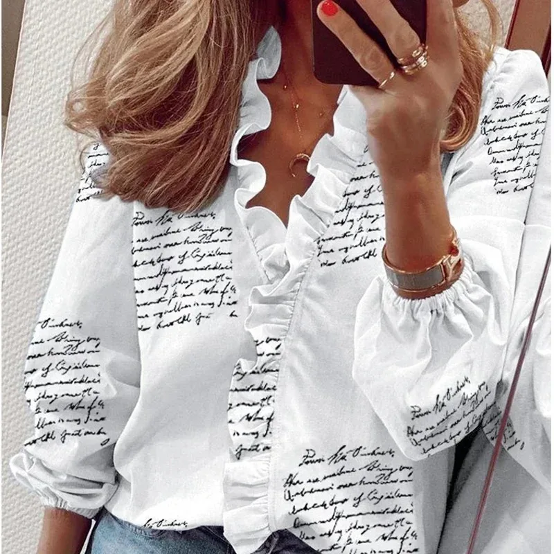 Sweet Ruffles Shirt for Women Elegant Blouse Floral Letter Print Long Sleeve White Tops Loose Clothes Spring Autumn 18246