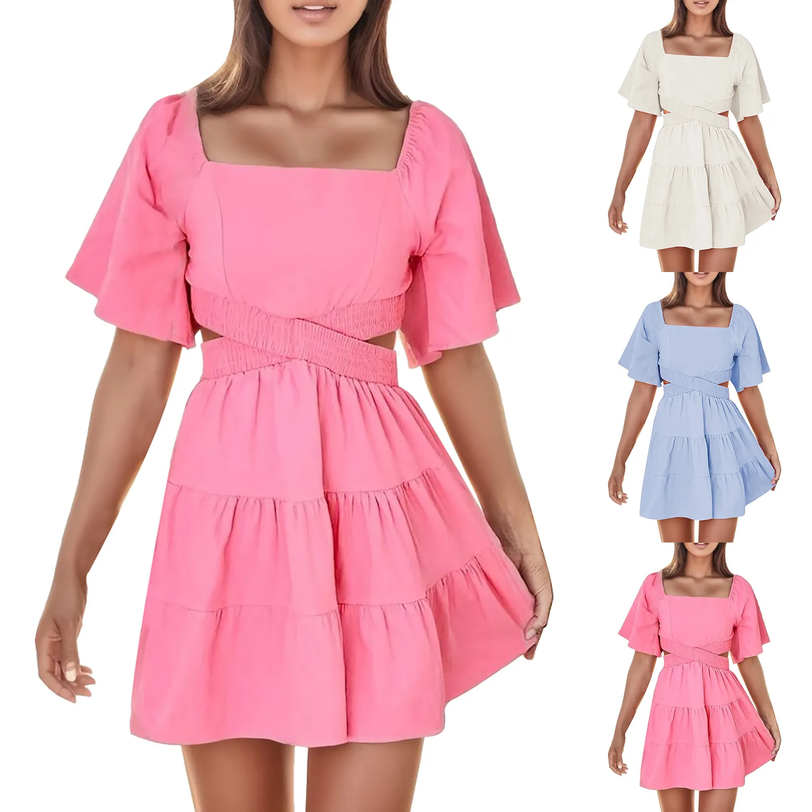 

Женское однотонное платье с двойной талией и квадратным вырезом, без рукавов-колоколов, с короткими рукавами, однотонное платье с многослойной юбкой