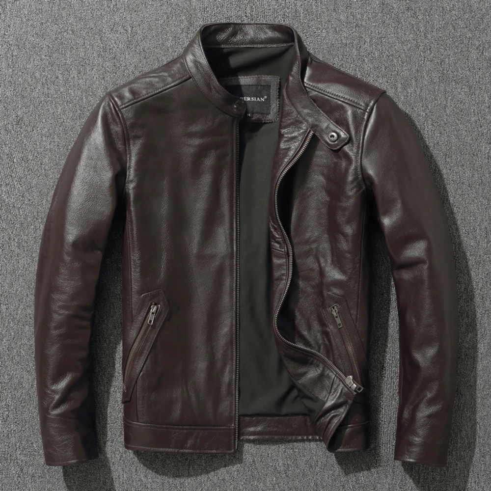 

Layer Top Cowhide Fashion SlimFit Stand Collar Leisure Bomber Jacket 100% Genuine Leather Men's Vintage Short Zipper M