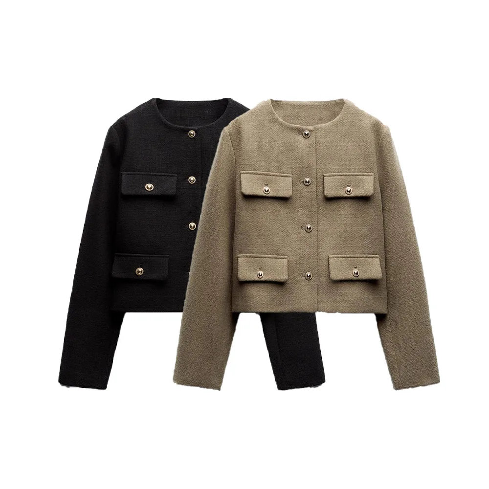 

Zach AiIsa autumn new women's fashion versatile round neck long sleeve gold breasted button flap short straight slim blazer
