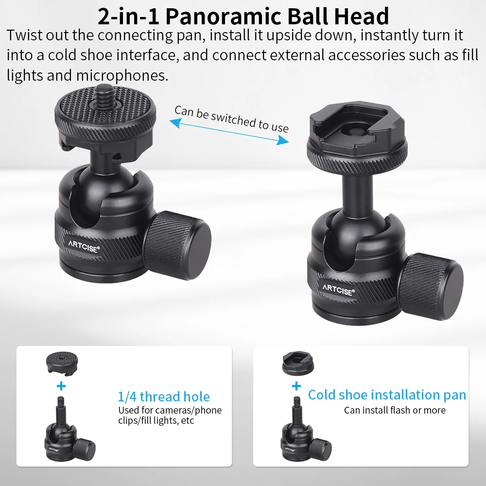ARTCISE CB21 Mini Tripod Ballhead Low Profile Panoramic Double U-shaped with Cold Shoe for Camera Microphone Fill Light Monopod