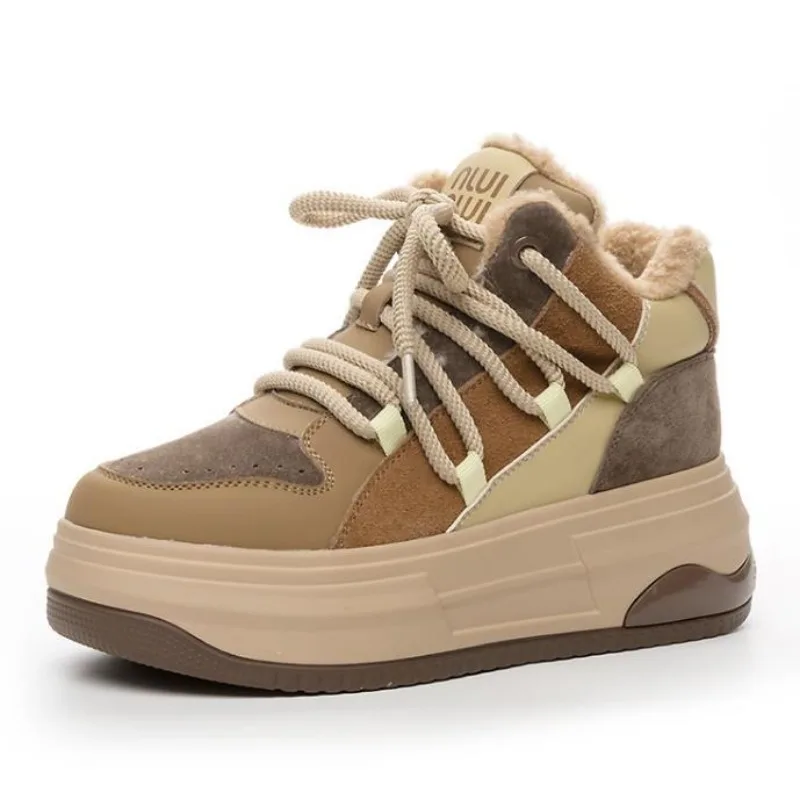 

Ботильоны женские на толстой подошве, мокасины на платформе, плюшевые, на шнуровке, круглый носок, обувь для скейтбординга, 7 см, Осень-зима