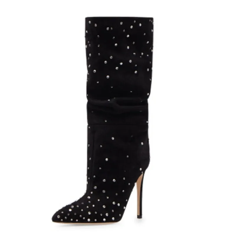 2022 Fall Fashion Women's Knee Boots Frosted Rhinestone Pleated High Heel Boots European and American Trend Party Boots