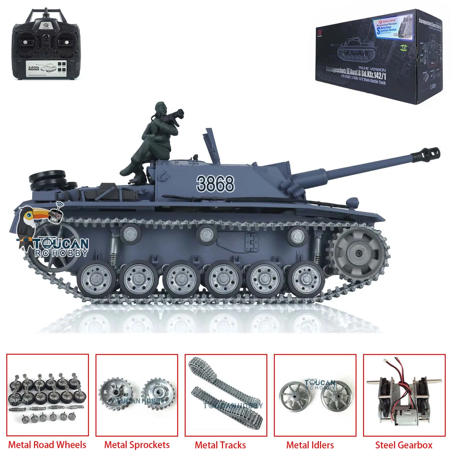 Heng Long 1/16 Scale 7.0 Customized Stug III RTR RC Battle Tank 3868 Model Metal Tracks Wheels Cars Toys for Boys TH17423 3