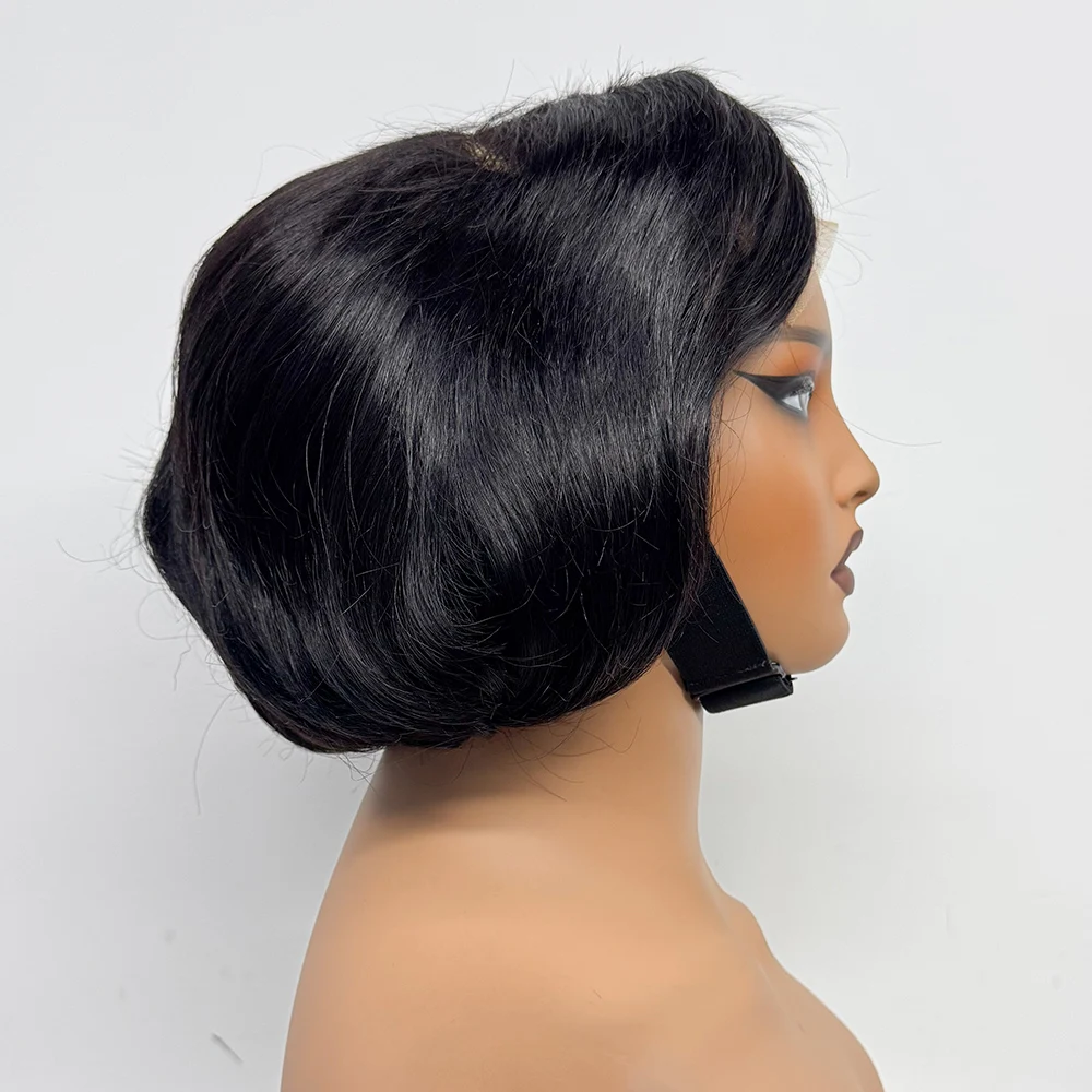Full 300% Density C Part Straight Wig 5x5 Transparent Lace Double Drawn Pixie Straight Bob Human Hair Wigs For Black Women