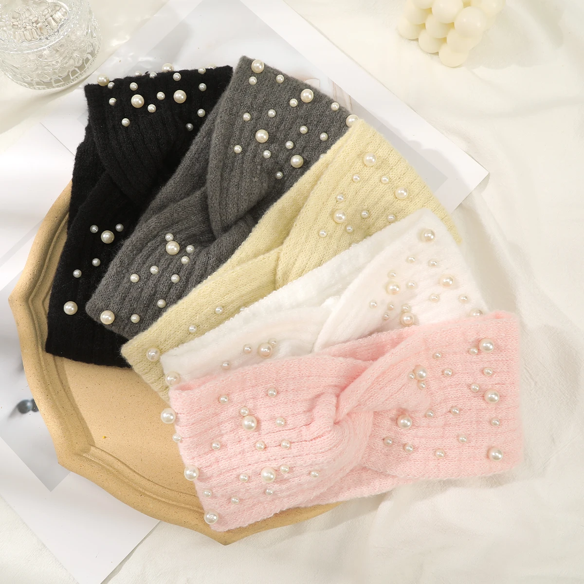 Autumn Winter Turban Bandage For Women Cold-Proof Knitted Wool Hairbands Headband Bandana Fashion Korean Pearl Hair Accessories