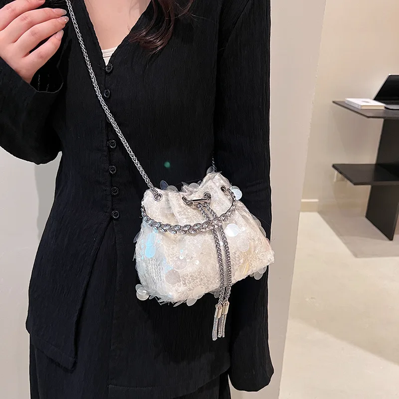 Sequin Glitter Bucket Bags for Women 2024 New Chain Party Luxury Handbag Individuality Fashion Evening Small Shoulder Bag Woman