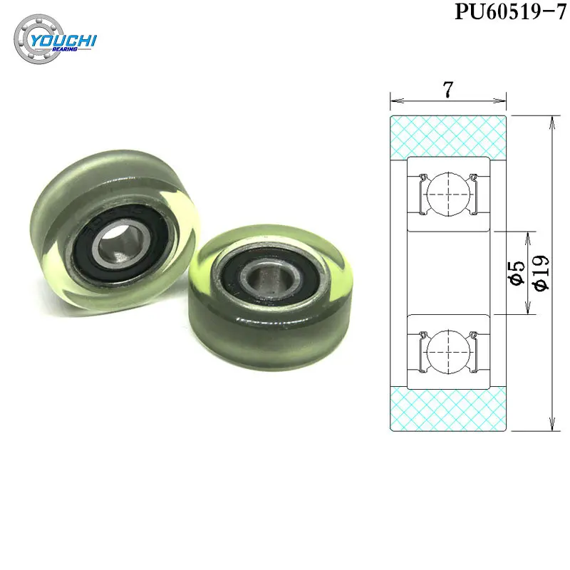 

10pcs OD 19mm Polyurethane Coated Flat Guide Pulley Wheel PU60519-7 PU Covered Bearing 5x19x7 Plastic Soft Rubber Roller 5*19*7