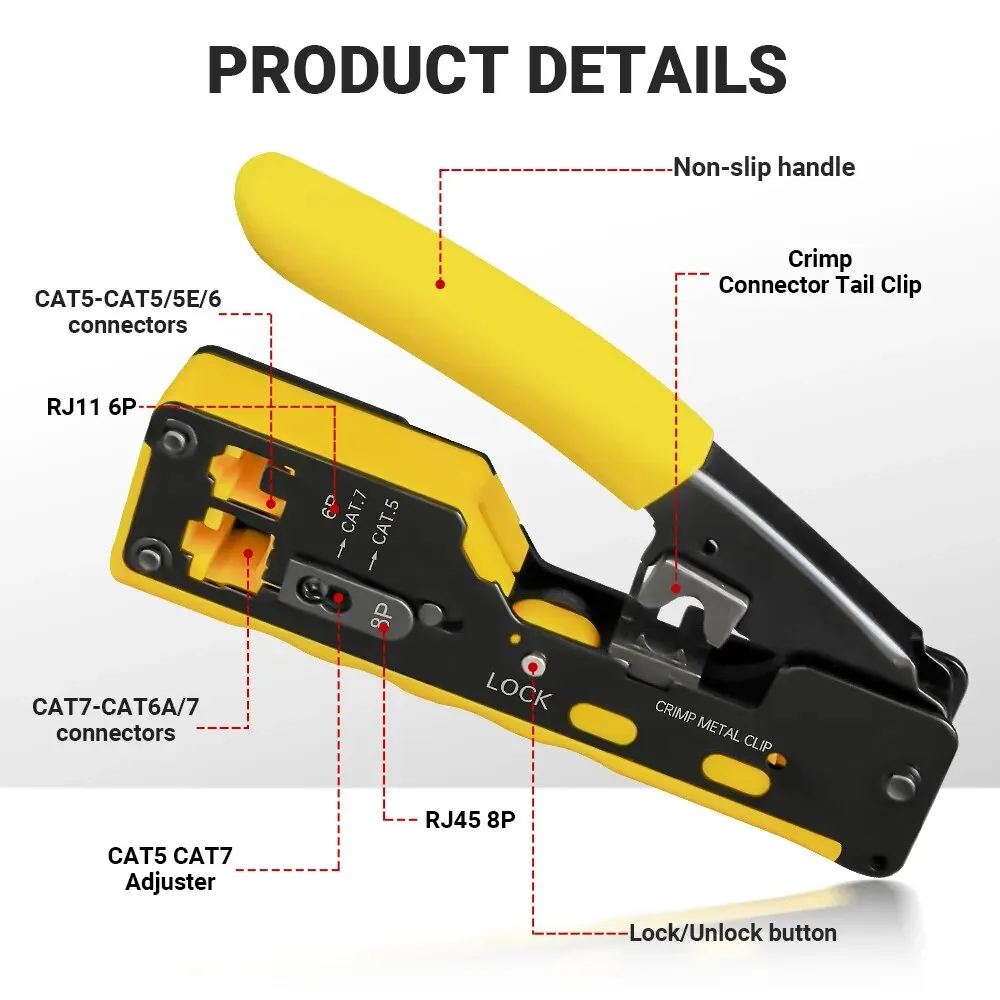 AMPCOM EZ 타입 네트워크 크림퍼 크림프 컷 LAN CAT8, 7, 6A, 6, 5E, STP, UTP, 테일 클립 포함, RJ45 TEL 모듈러 케이블, AM-718, RJ11, 12