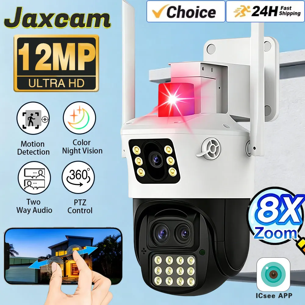 IP Camera 6K 12MP HD WiFi Outdoor Camera 8x Zoom Three Lens Dual Screen Home Security PTZ Camera 6MP Video Surveillance iCSee 1