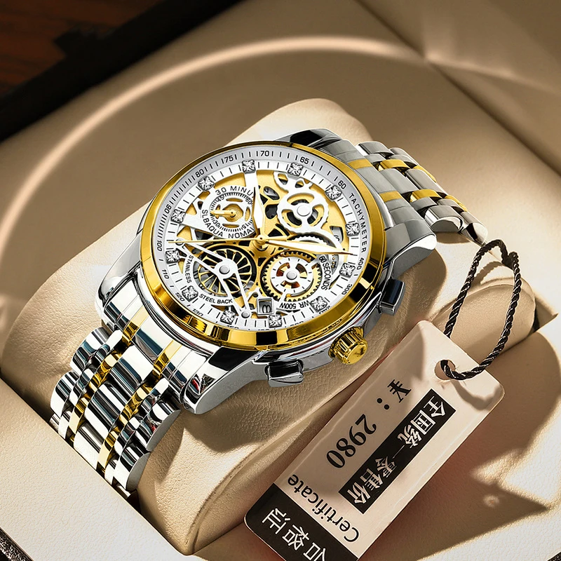 Fashion Tourbillon Design Gold Quartz Watch for Men Stainless - Main Image