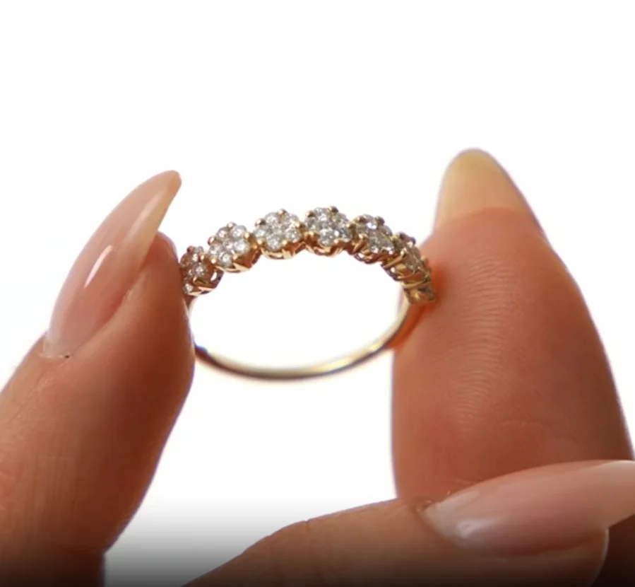 Ehhai Runder Moissanit-Blumen-Cluster-Halb-Ewigkeitsring für Frauen, 925er Sterlingsilber, Hochzeit, Verlobungsring, edler Schmuck, Geschenk – Detail 8