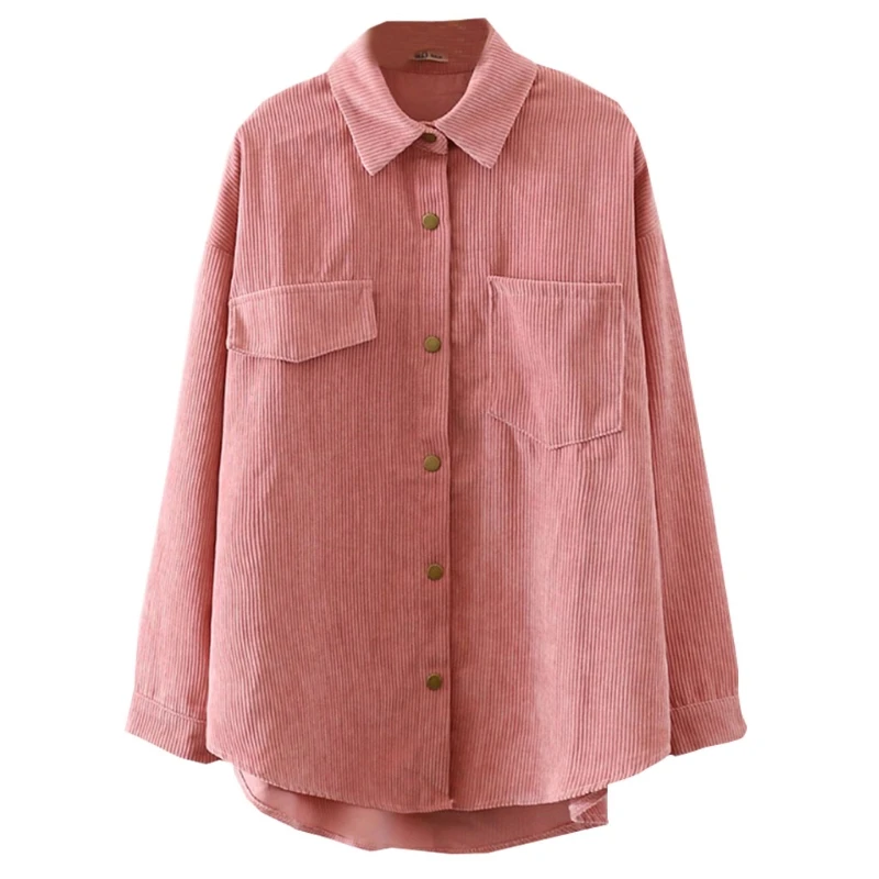 Women Corduroy Long Sleeve Blouse Lapel Collar Button Solid for Jacket Sh P8DB