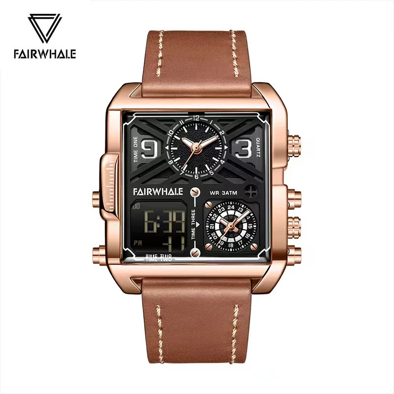 Mark Fairwhale Fashion Men's Origina Watch Luxury Leather Strap Square Watch Multifunctional Quartz Wrist Watch Man Reloj Hombre