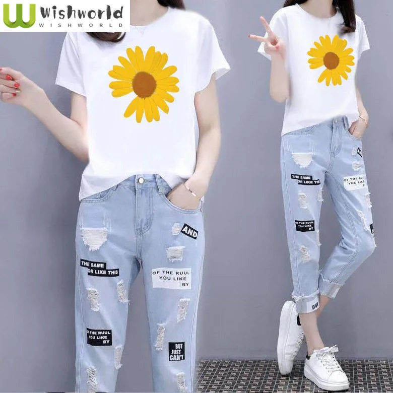 Korean Style Sunflower Print Short Sleeve T-shirt Perforated Jeans Two Piece Elegant Women's Pants Set Summer Sports Set high quality electroplated bracket perforated leather 14 inch 350mm car steering wheel game steering wheel sports steering wheel