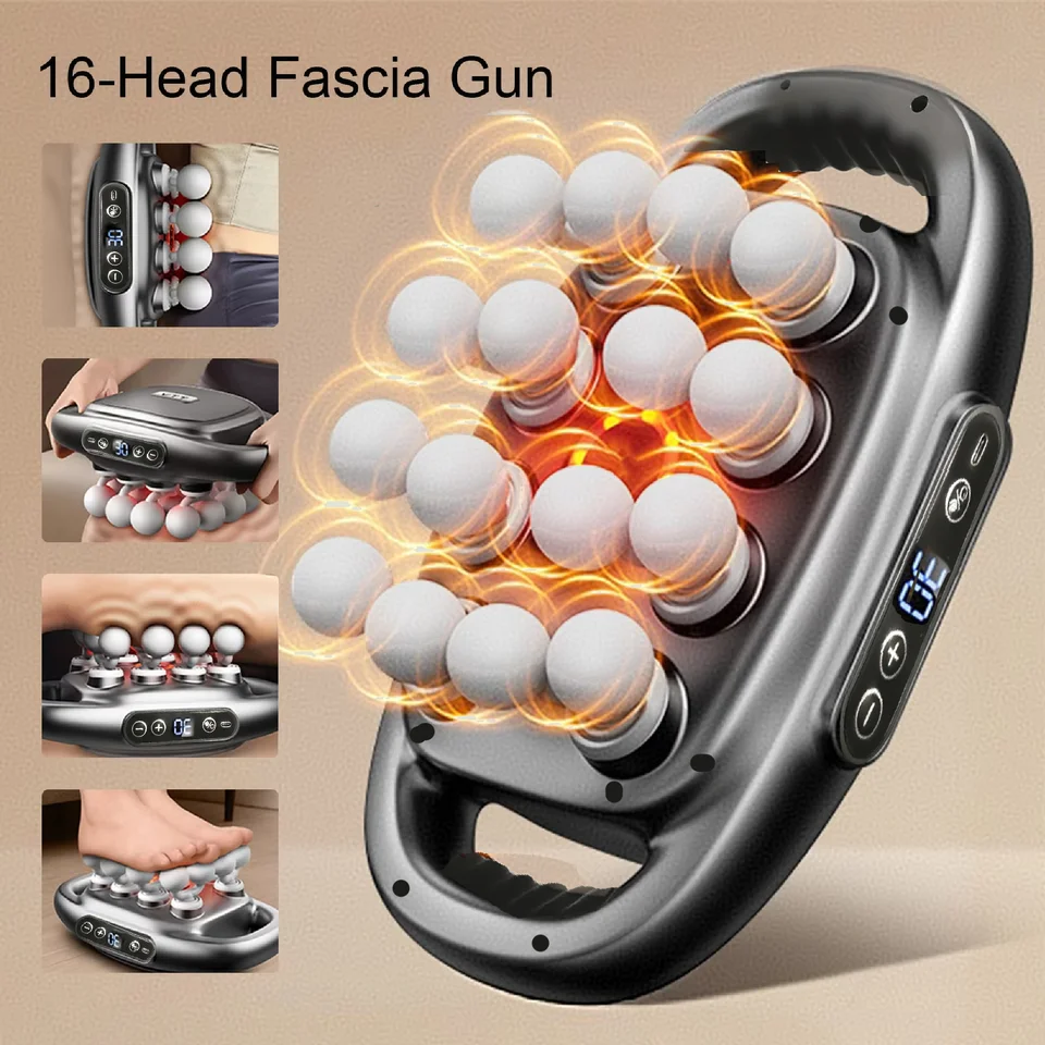 Conjunto de pistola massageadora elétrica para relaxamento muscular e profundo dos tecidos do corpo, costas, ombros, pernas e pés, com 16 cabeças._voghion.com