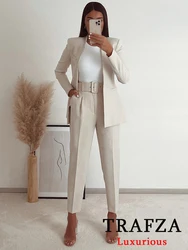 TRAFZA Office Lady Beige Women Suits Long Sleeve V Neck Oversized Blazer+High Waist Wide Leg Pants Fashion 2024 Vintage Sets